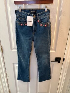 Desigual Blue Jeans with Pink Floral Embroidery